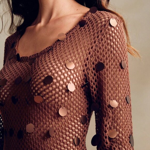 Coffee Brown Elegant Women's Sequined Crochet Long-Sleeve Dress - Picture 6 of 6